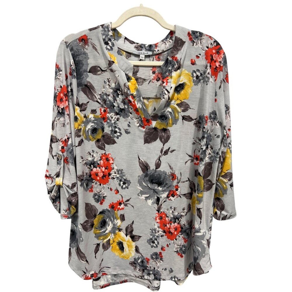 White Birch Floral V Neck Pullover Top Size Large 3/4 Sleeve Gray Boho Botanical